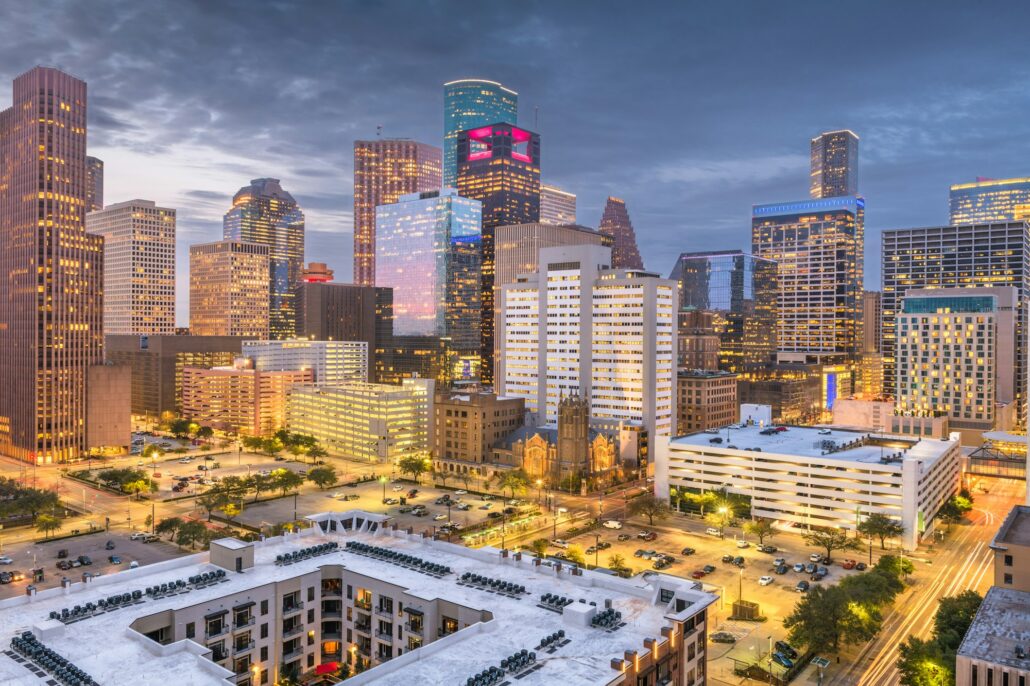Houston, Texas, USA downtown park and skyline at twilight.