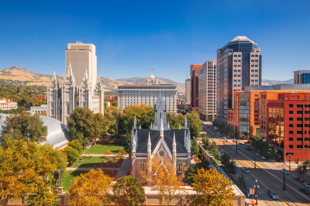 Salt Lake City, Utah, USA Downtown Cityscape Over Temple Square