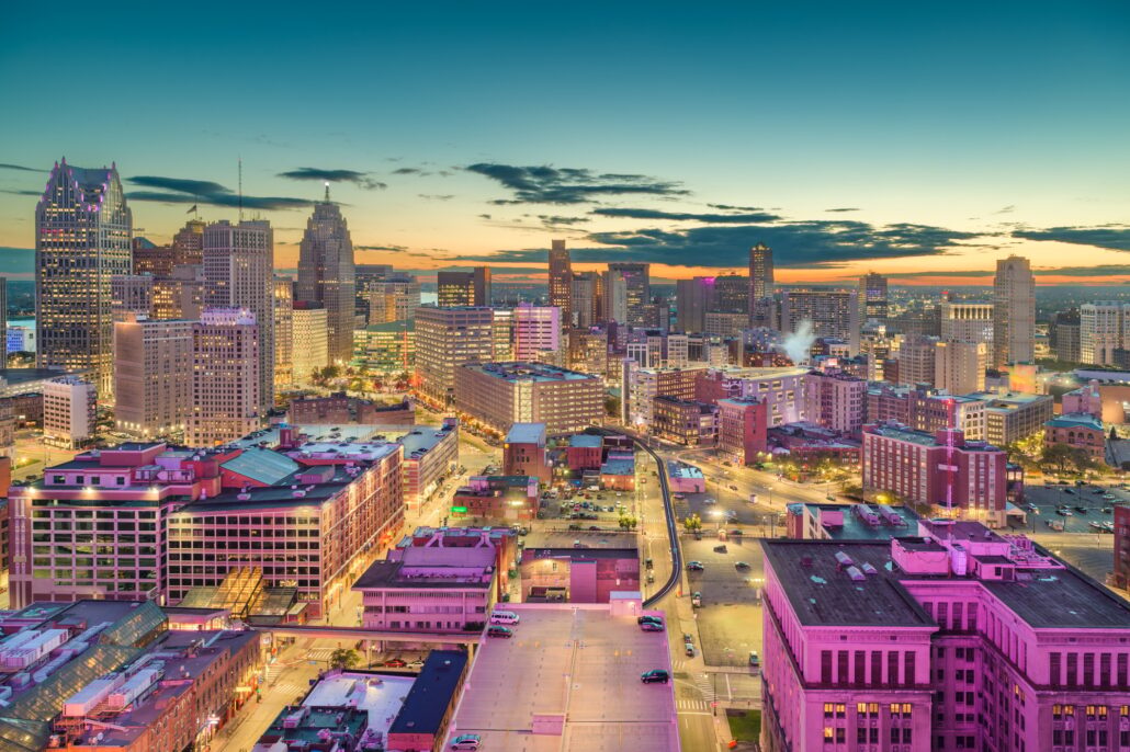 Detroit, Michigan, USA Downtown Skyline at Dusk