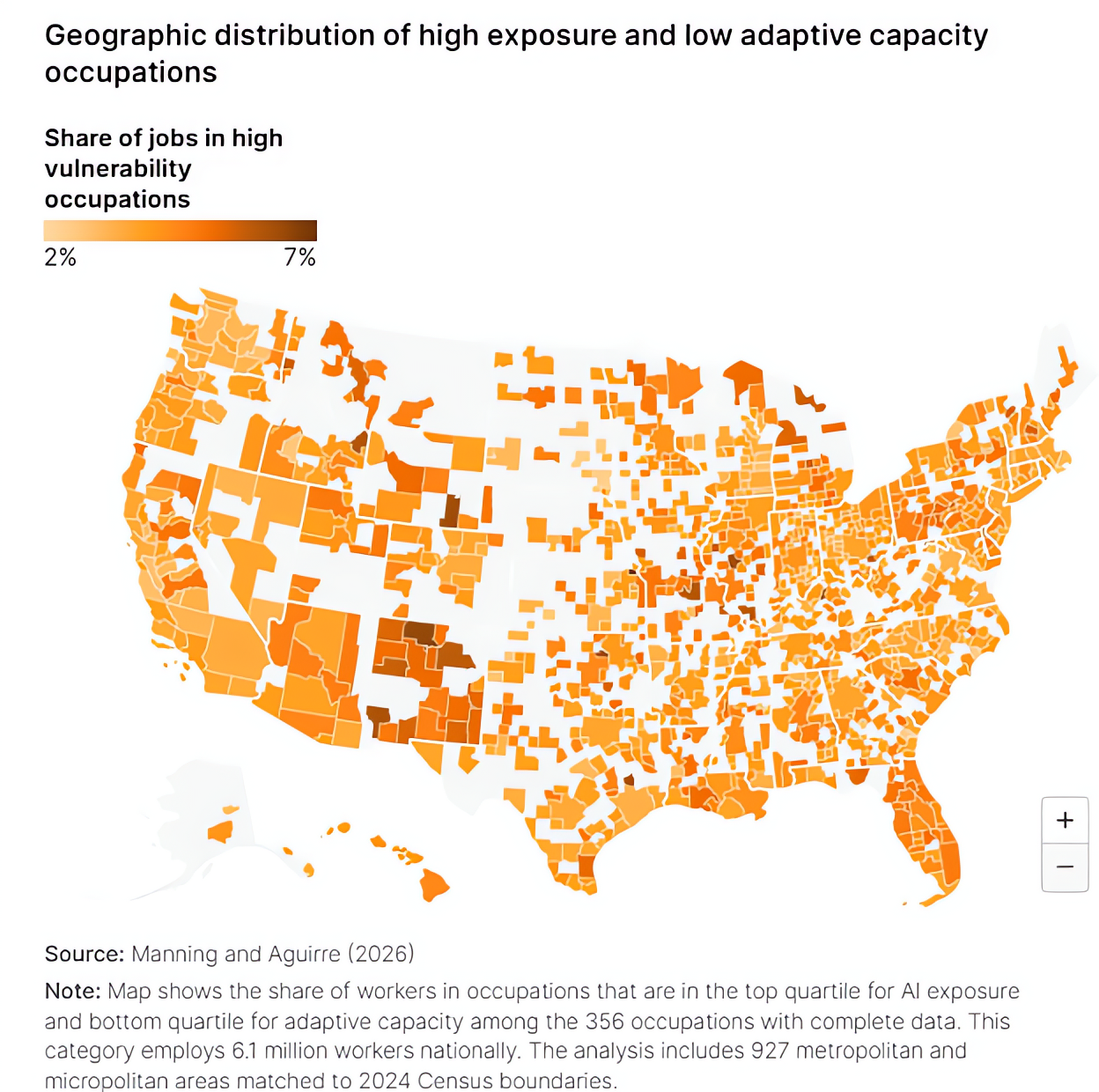 US map showing share of jobs in high vulnerability occupations by county