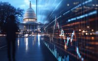 A hyperrealistic image of the Capitol building reflected in a giant glass screen, displaying a stock market graph overlay, representing the government's influence on Wall Street.