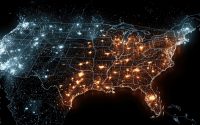Stunning visualization of the United States showing population density and infrastructure glowing with light, perfect for technology, data science, and urban planning projects