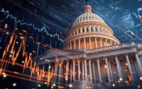 United States capitol building with digital stock market graph overlay. Concept of government, finance, economy, and investment analysis. Global financial data.