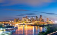 Saint Paul, Minnesota, USA downtown skyline on the Mississippi River at dusk.