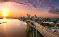 Beautiful view of Louisville City in Kentucky from drone at sunrise