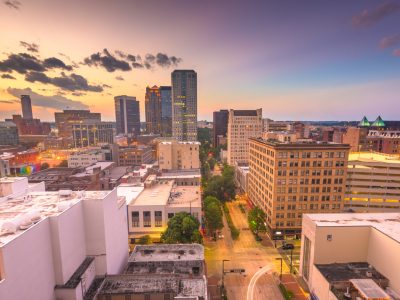 Birmingham, Alabama, USA downtown city skyline at dusk. -